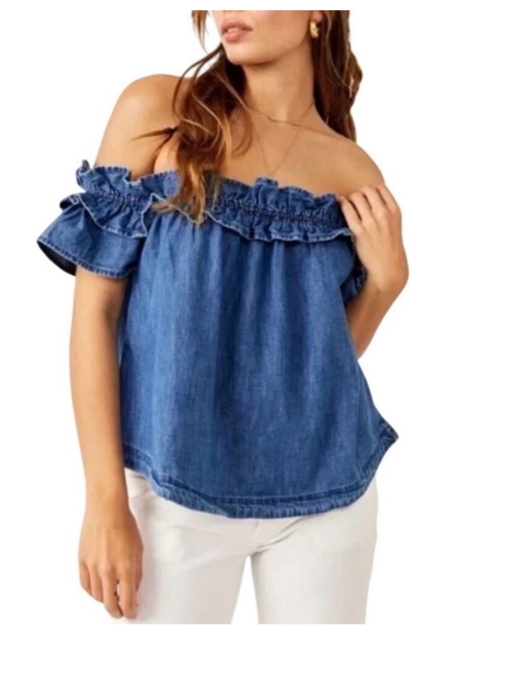 Free People Maxine Denim Off-Shoulder Ruffle Women's Top sz. S